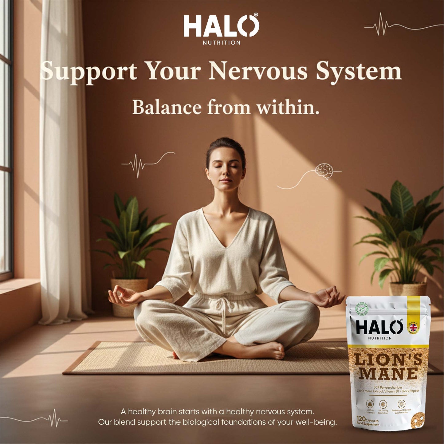 Halo Nutrition - Lions Mane Mushroom Extract Capsules 10,000mg 240mg Polysaccharides Strong Vegan