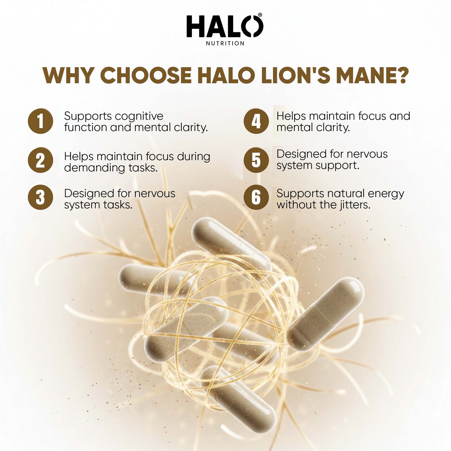 Halo Nutrition - Lions Mane Mushroom Extract Capsules 10,000mg 240mg Polysaccharides Strong Vegan